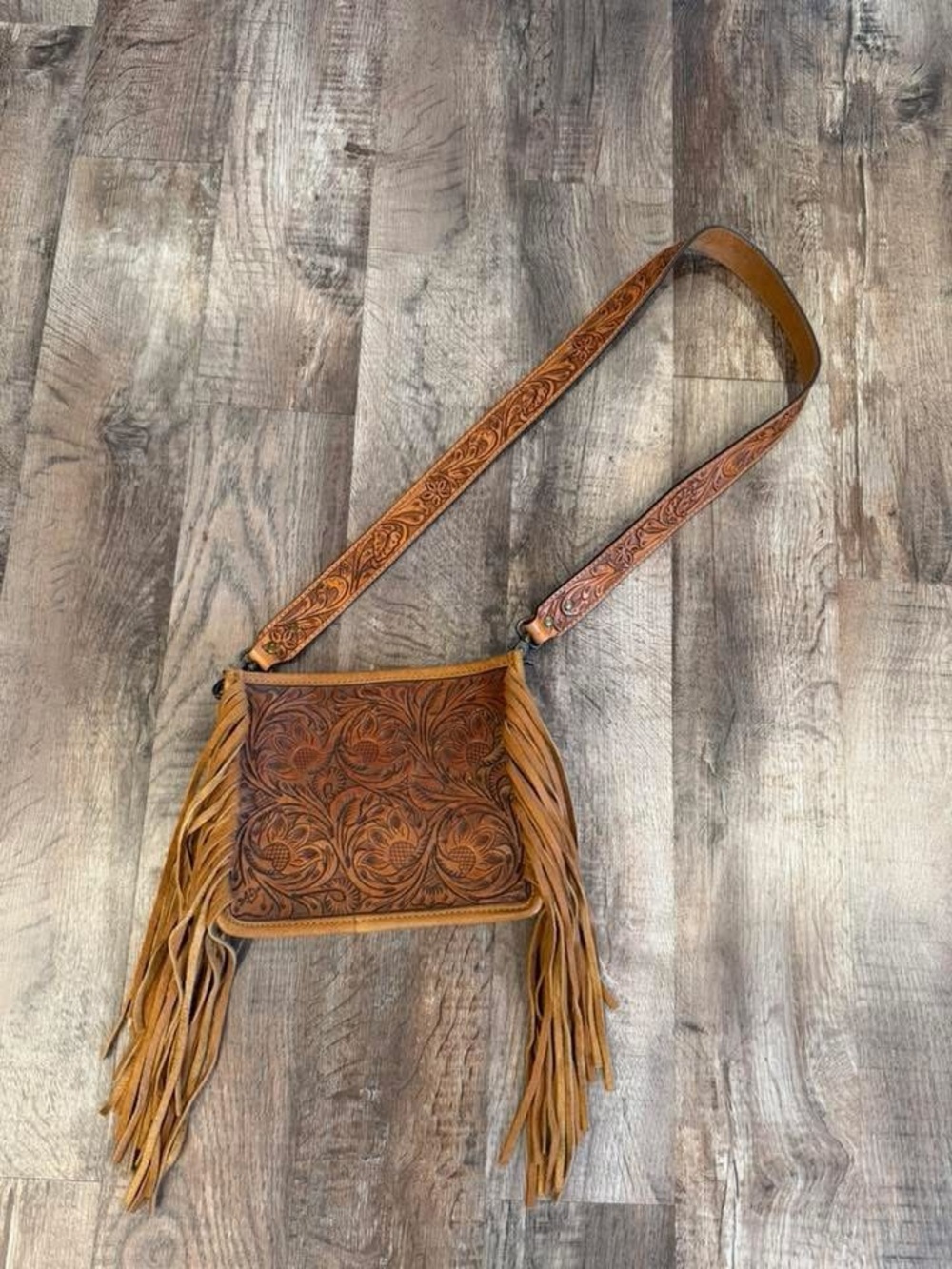 American Darling Tooled Leather Fringe Crossbody Bag - Brown